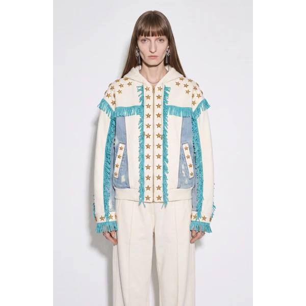 LOULOU Star Studded Fringed Zip Hoodie | Hoodies | Coveti