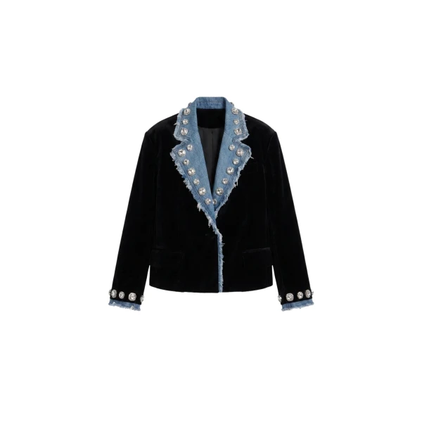 LOULOU Velvet And Denim Crystal Blazer | Blazers | Coveti
