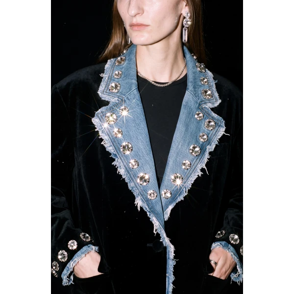 LOULOU Velvet And Denim Crystal Blazer | Blazers | Coveti