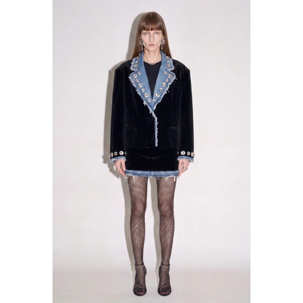 LOULOU Velvet And Denim Crystal Blazer | Blazers | Coveti
