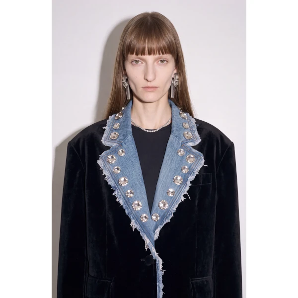 LOULOU Velvet And Denim Crystal Blazer | Blazers | Coveti