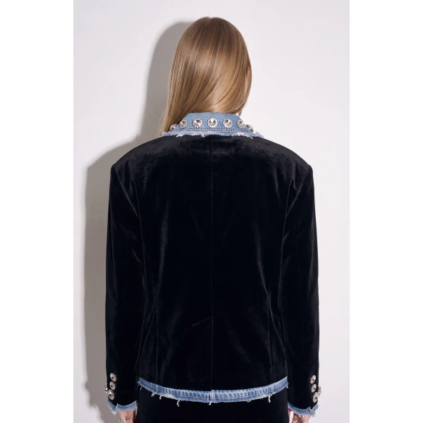 LOULOU Velvet And Denim Crystal Blazer | Blazers | Coveti