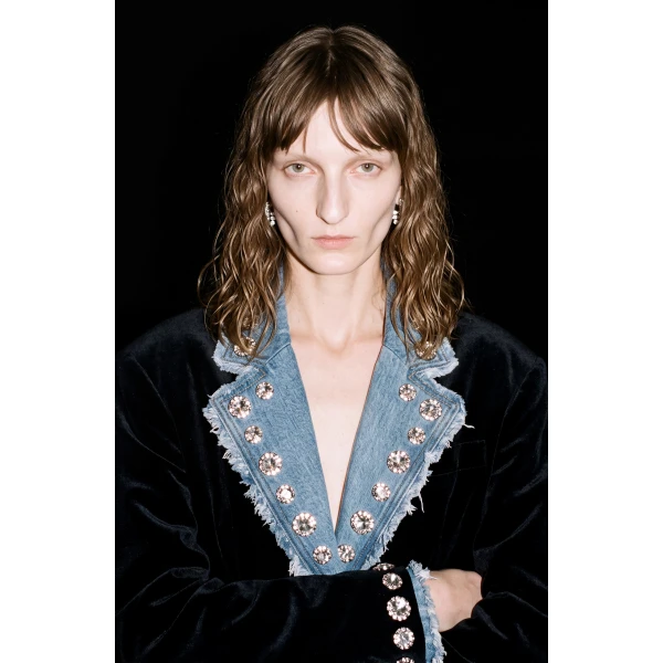 LOULOU Velvet And Denim Crystal Blazer | Blazers | Coveti