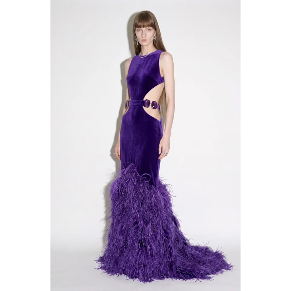 LOULOU Velvet Cutout Feather Gown | Evening Gowns | Coveti