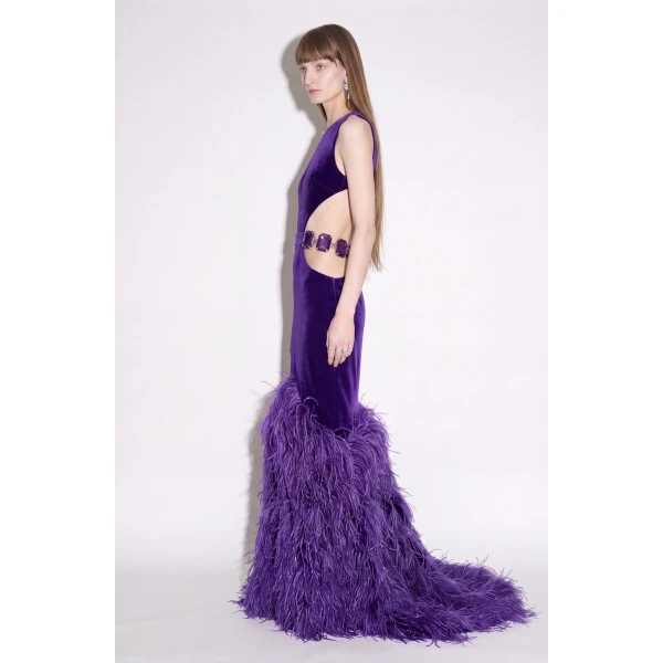 LOULOU Velvet Cutout Feather Gown | Evening Gowns | Coveti