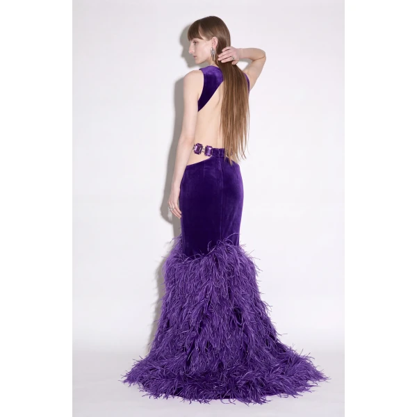 LOULOU Velvet Cutout Feather Gown | Evening Gowns | Coveti