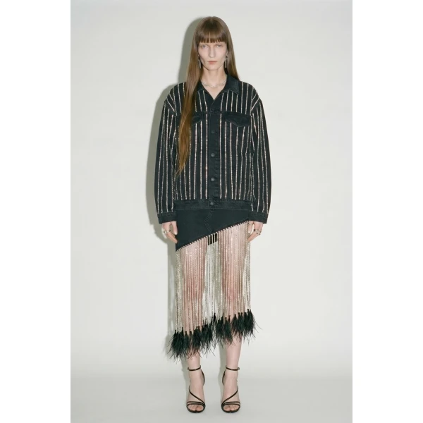 LOULOU Washed Black Crystal Striped Denim Jacket | Denim | Coveti