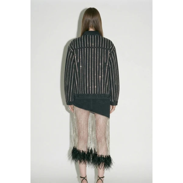 LOULOU Washed Black Crystal Striped Denim Jacket | Denim | Coveti