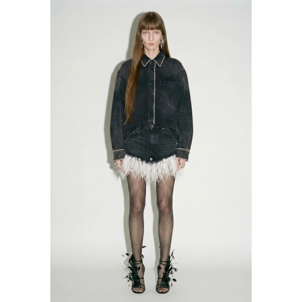 LOULOU Washed Black Crystal Trim Denim Shirt | Shirts | Coveti