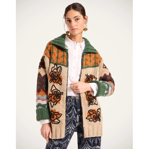 La DoubleJ Chalet Cardigan in Multicolor Camel & Lilac, view 2