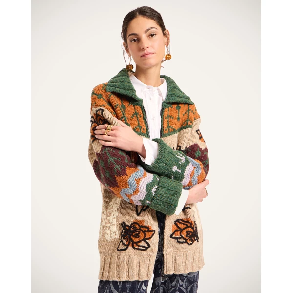 La DoubleJ Chalet Cardigan in Multicolor Camel & Lilac, view 5