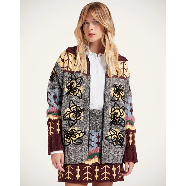 La DoubleJ Chalet Cardigan in Multicolor Grey & Yellow, view 2