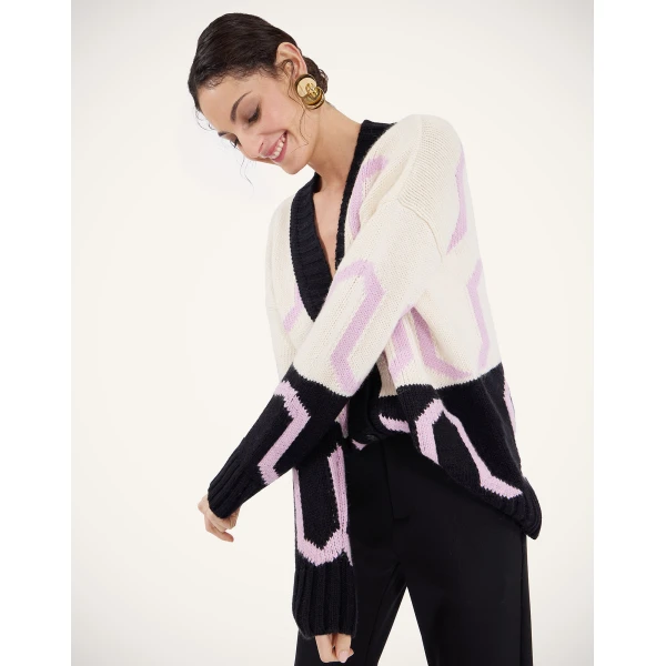 La DoubleJ Comber Cardigan in Multicolor Ivory & Black, view 6