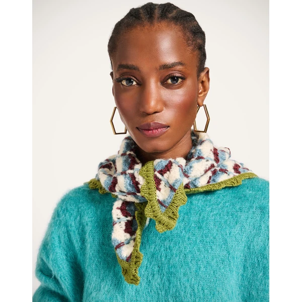 La DoubleJ Crochet Triangle Scarf in Multicolor Blue & Burgundy at Coveti
