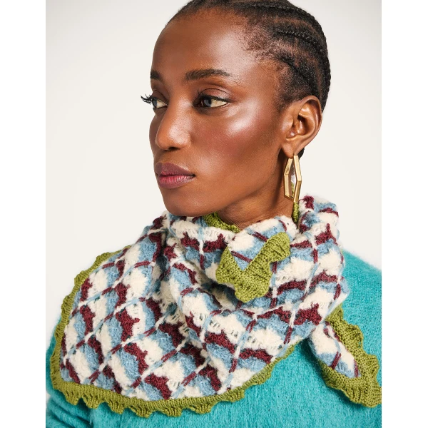 La DoubleJ Crochet Triangle Scarf in Multicolor Blue & Burgundy at Coveti