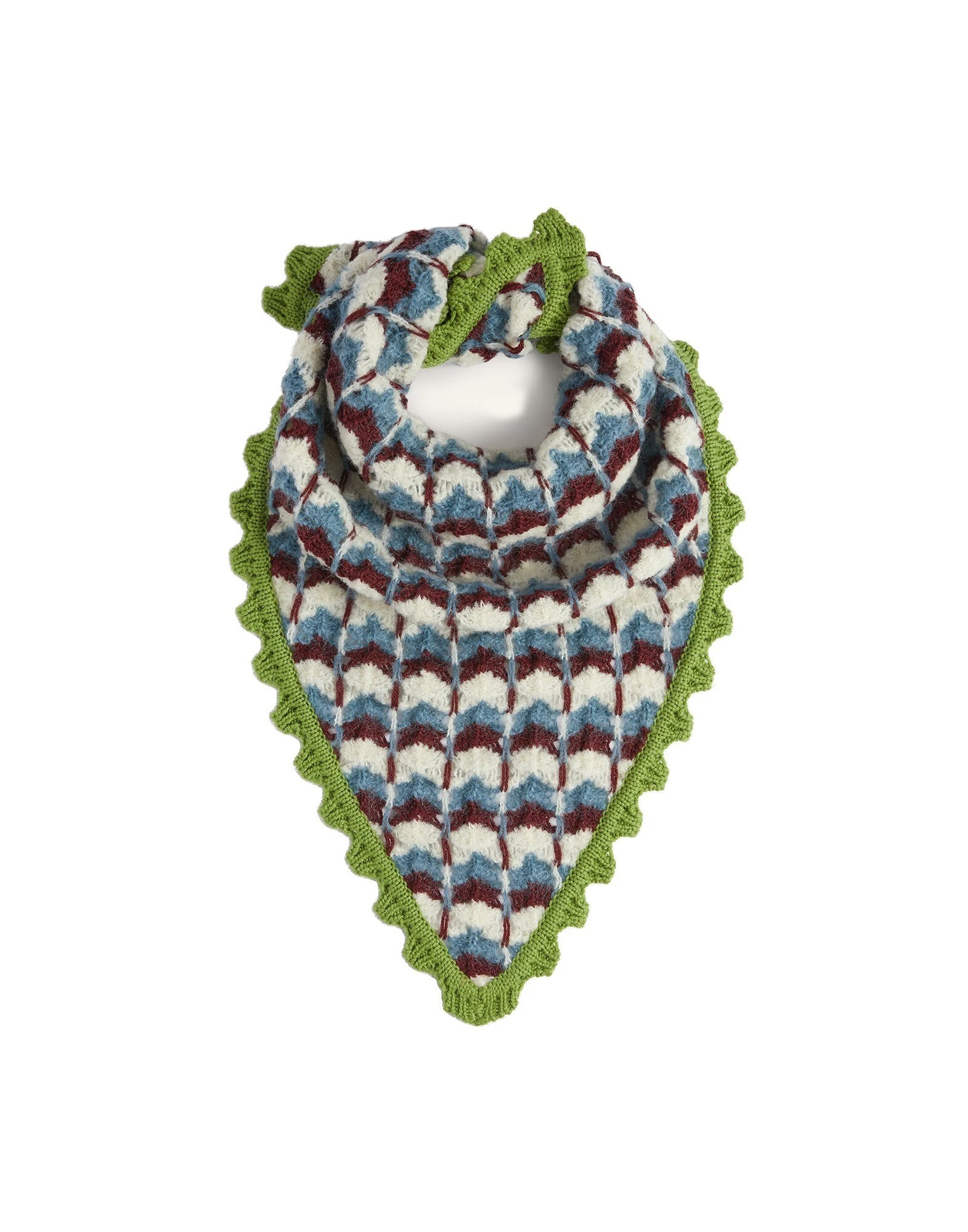 La DoubleJ Crochet Triangle Scarf in Multicolor Blue & Burgundy at Coveti La DoubleJ Crochet Triangle Scarf in Multicolor Blue & Burgundy at Coveti