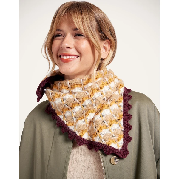 La DoubleJ Crochet Triangle Scarf in Multicolor Ocher & White at Coveti