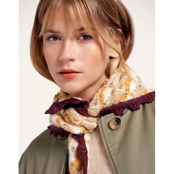 La DoubleJ Crochet Triangle Scarf in Multicolor Ocher & White at Coveti