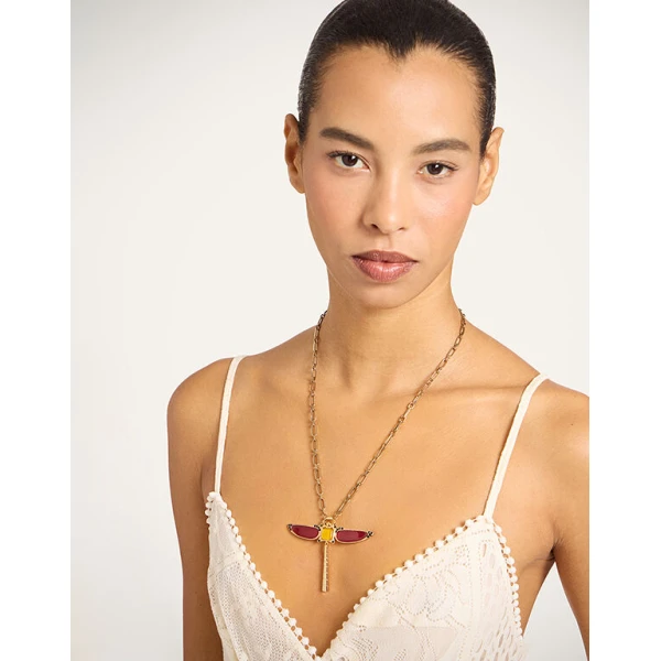 La DoubleJ Dragonfly Necklace in Enameled 24K Gold Plate And Yellow Agate at Coveti