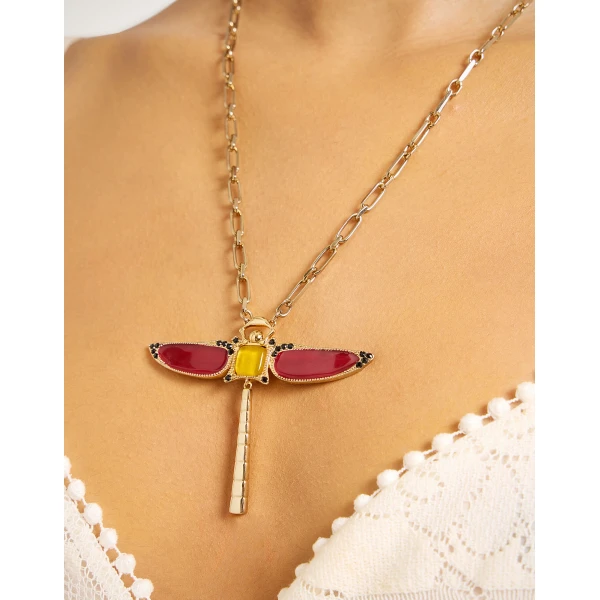 La DoubleJ Dragonfly Necklace in Enameled 24K Gold Plate And Yellow Agate at Coveti