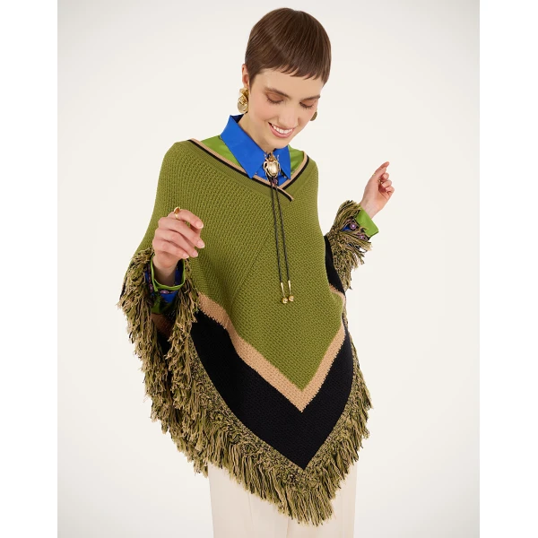 La DoubleJ Dreamcatcher Poncho in Color Block Green & Brown at Coveti