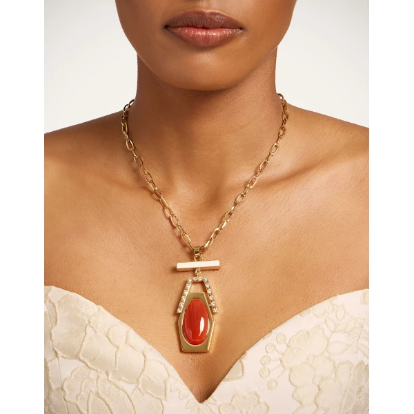 La DoubleJ Embellished Portal Necklace in 24K Gold Plate & Red Agate at Coveti