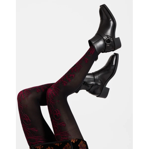 La DoubleJ Flocked Tights in Black & Red at Coveti