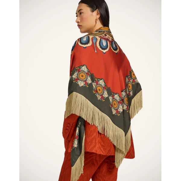 La DoubleJ Fringe Triangle Scarf in Nucleus Rust, view 3