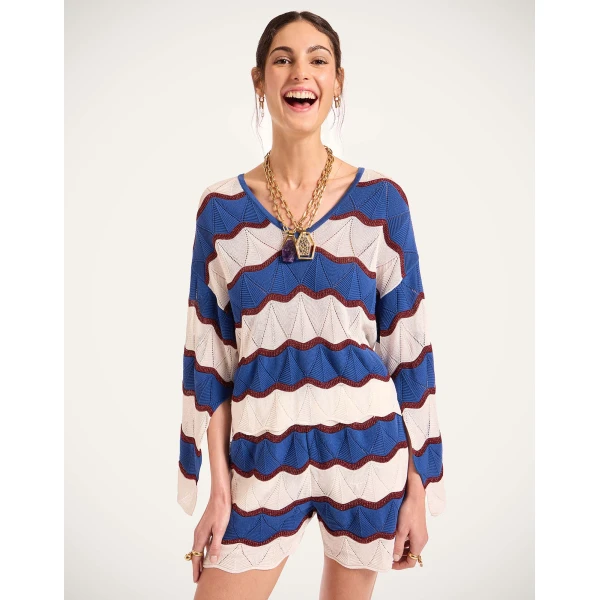 La DoubleJ Hang Ten Top in Color Block Ivory & Blue | Knitwear | Coveti