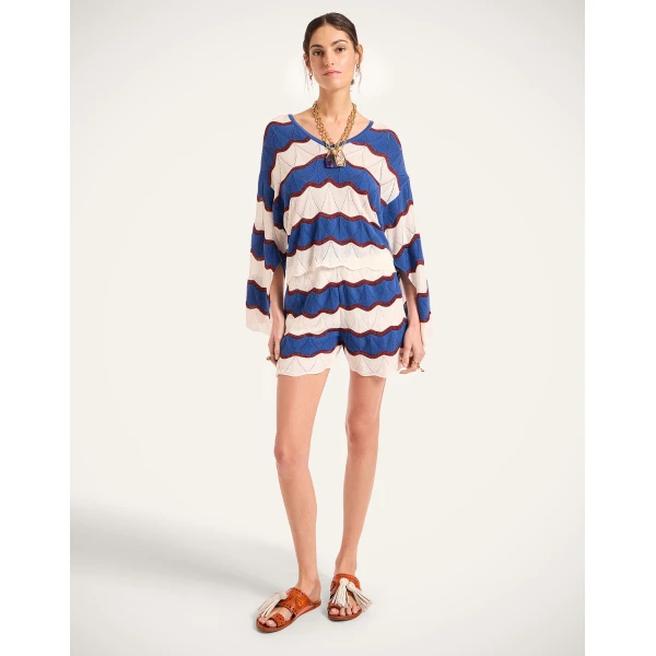 La DoubleJ Hang Ten Top in Color Block Ivory & Blue | Knitwear | Coveti