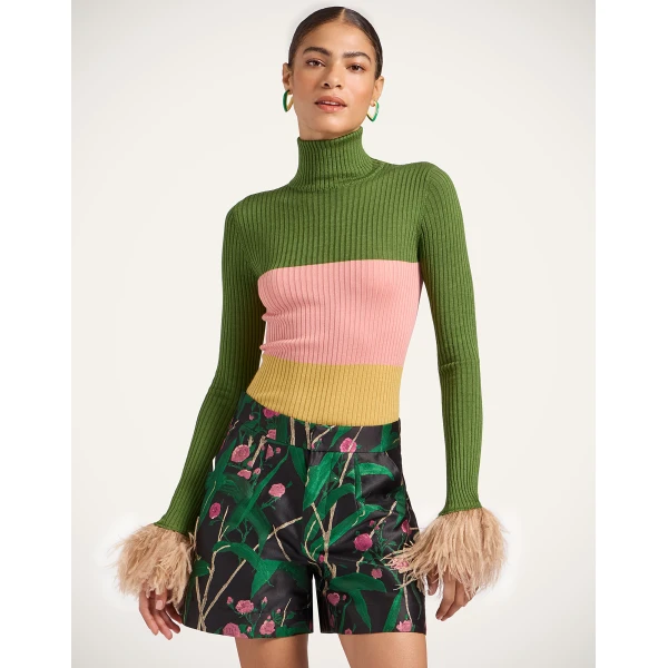 La DoubleJ High Kick Top in Color Block Military Green & Pink, view 2