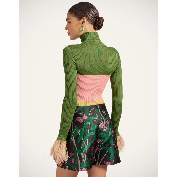 La DoubleJ High Kick Top in Color Block Military Green & Pink, view 3