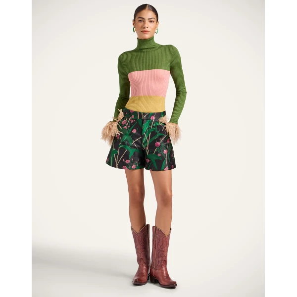 La DoubleJ High Kick Top in Color Block Military Green & Pink, view 4