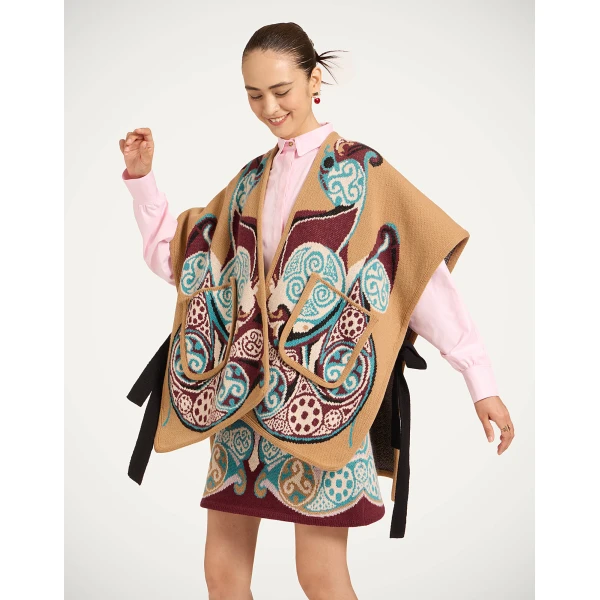 La DoubleJ In My Power Knit Scarf Cape in Alchemy Light Blue, Burgundy, and Camel | Jackets | Coveti