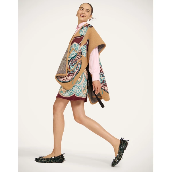 La DoubleJ In My Power Knit Scarf Cape in Alchemy Light Blue, Burgundy, and Camel | Jackets | Coveti