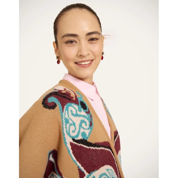 La DoubleJ In My Power Knit Scarf Cape in Alchemy Light Blue, Burgundy, and Camel | Jackets | Coveti