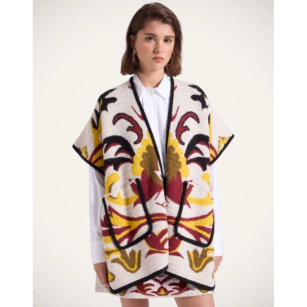 La DoubleJ In My Power Knit Scarf Cape in Multicolor Ivory & Red, view 2