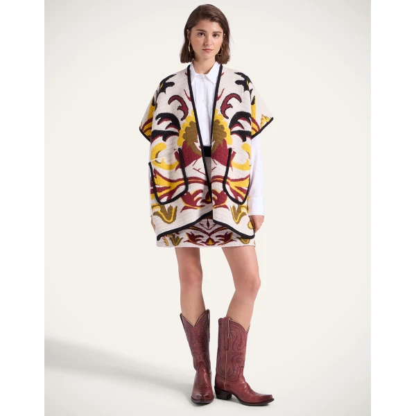 La DoubleJ In My Power Knit Scarf Cape in Multicolor Ivory & Red, view 4