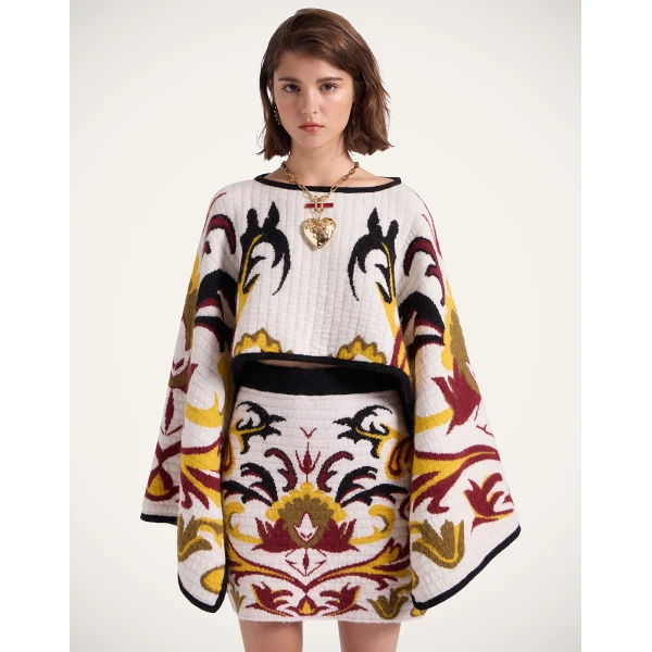 La DoubleJ In My Power Knit Stole in Multicolor Ivory & Red at Coveti