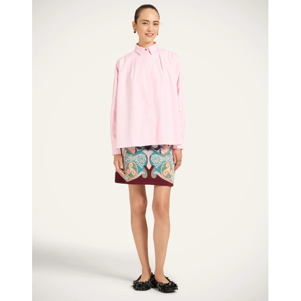 La DoubleJ In My Power Mini Skirt in Alchemy Light Blue, Burgundy, and Camel, view 2