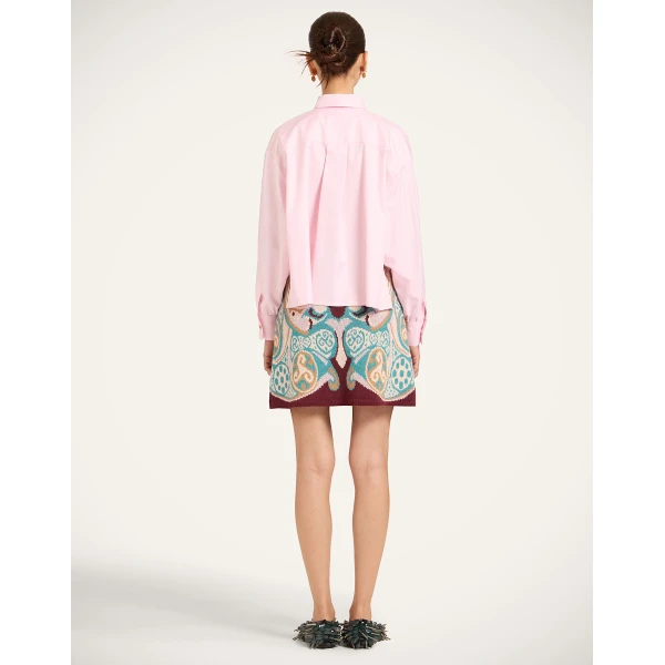 La DoubleJ In My Power Mini Skirt in Alchemy Light Blue, Burgundy, and Camel, view 3