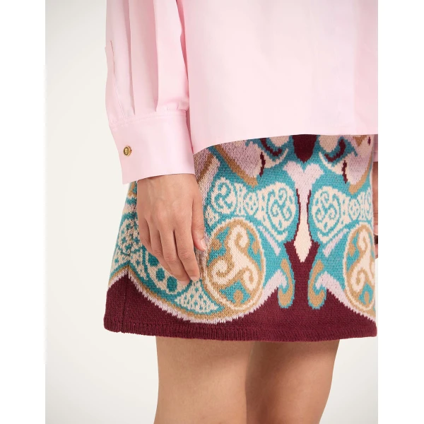 La DoubleJ In My Power Mini Skirt in Alchemy Light Blue, Burgundy, and Camel, view 5
