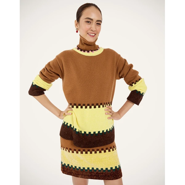 La DoubleJ In My Power Mini Skirt in Color Block Camel and Light Yellow, view 4