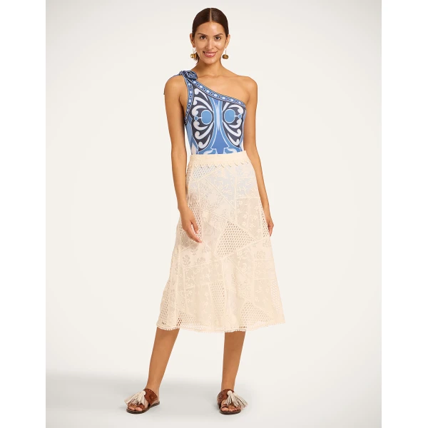 La DoubleJ Lacey Lungomare Skirt in Ivory | Midi Skirts | Coveti