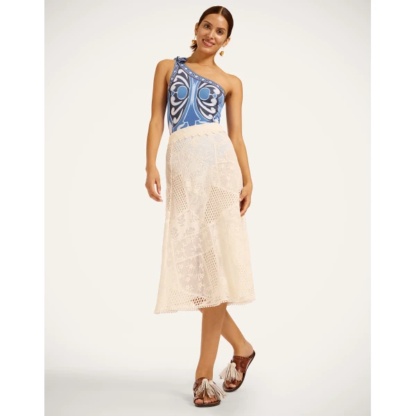 La DoubleJ Lacey Lungomare Skirt in Ivory | Midi Skirts | Coveti