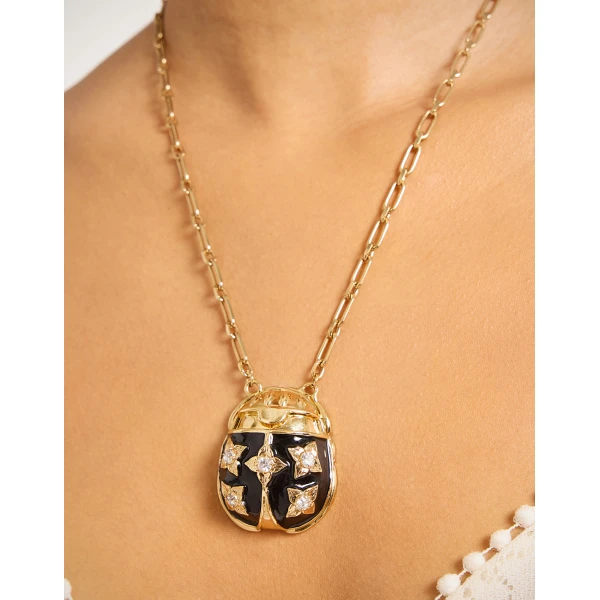La DoubleJ Lady Scarab Necklace in 24K Gold Plate And Enamel, view 3