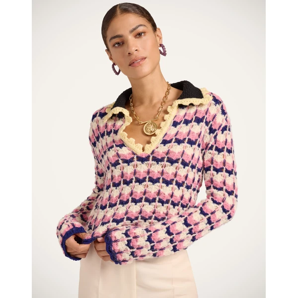 La DoubleJ Long Sleeves Picket Polo Shirt in Multicolor Pink & White, view 2