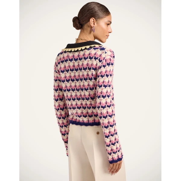 La DoubleJ Long Sleeves Picket Polo Shirt in Multicolor Pink & White, view 3