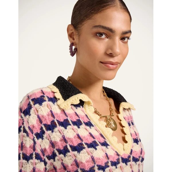 La DoubleJ Long Sleeves Picket Polo Shirt in Multicolor Pink & White, view 5
