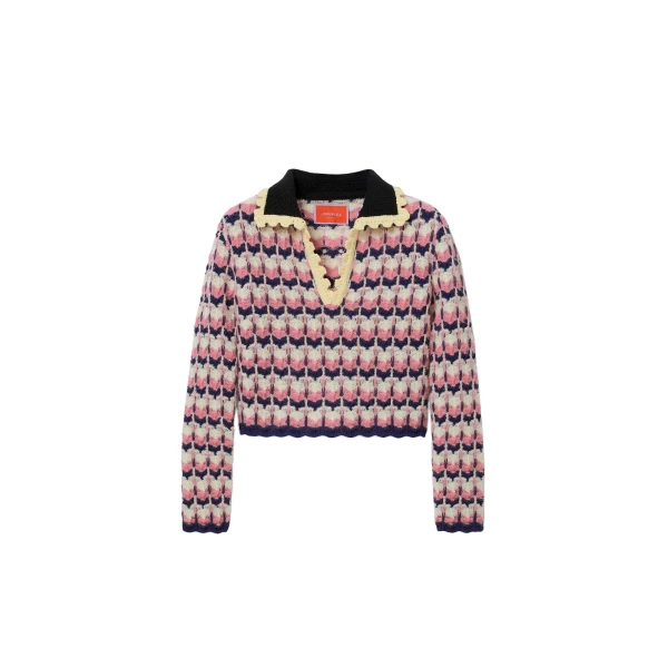 Long Sleeves Picket Polo Shirt in Multicolor Pink & White